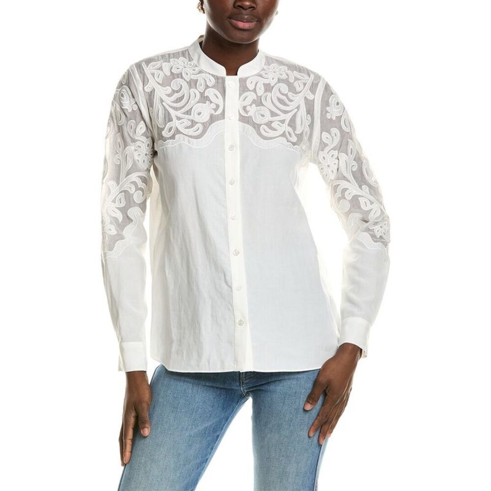 Elie Tahari Womens The Leslie Linen-Blend Blouse, Blue